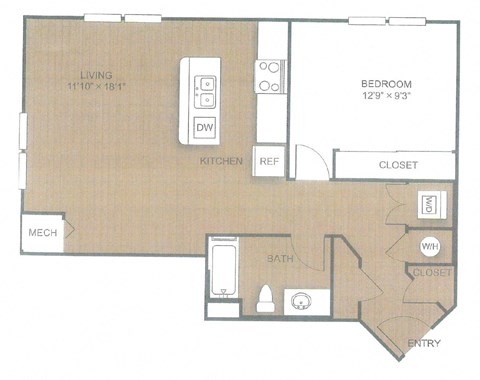 Floor plan for 1 bed, 1 bath, 791 sqft